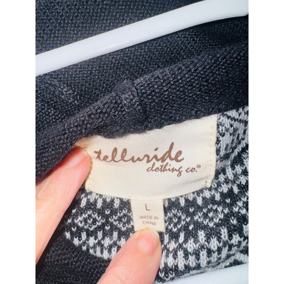 Telluride Womens Black White Long Hood Zip-Up Nordic Fair Isle Sweater Cardigan - Picture 6 of 8
